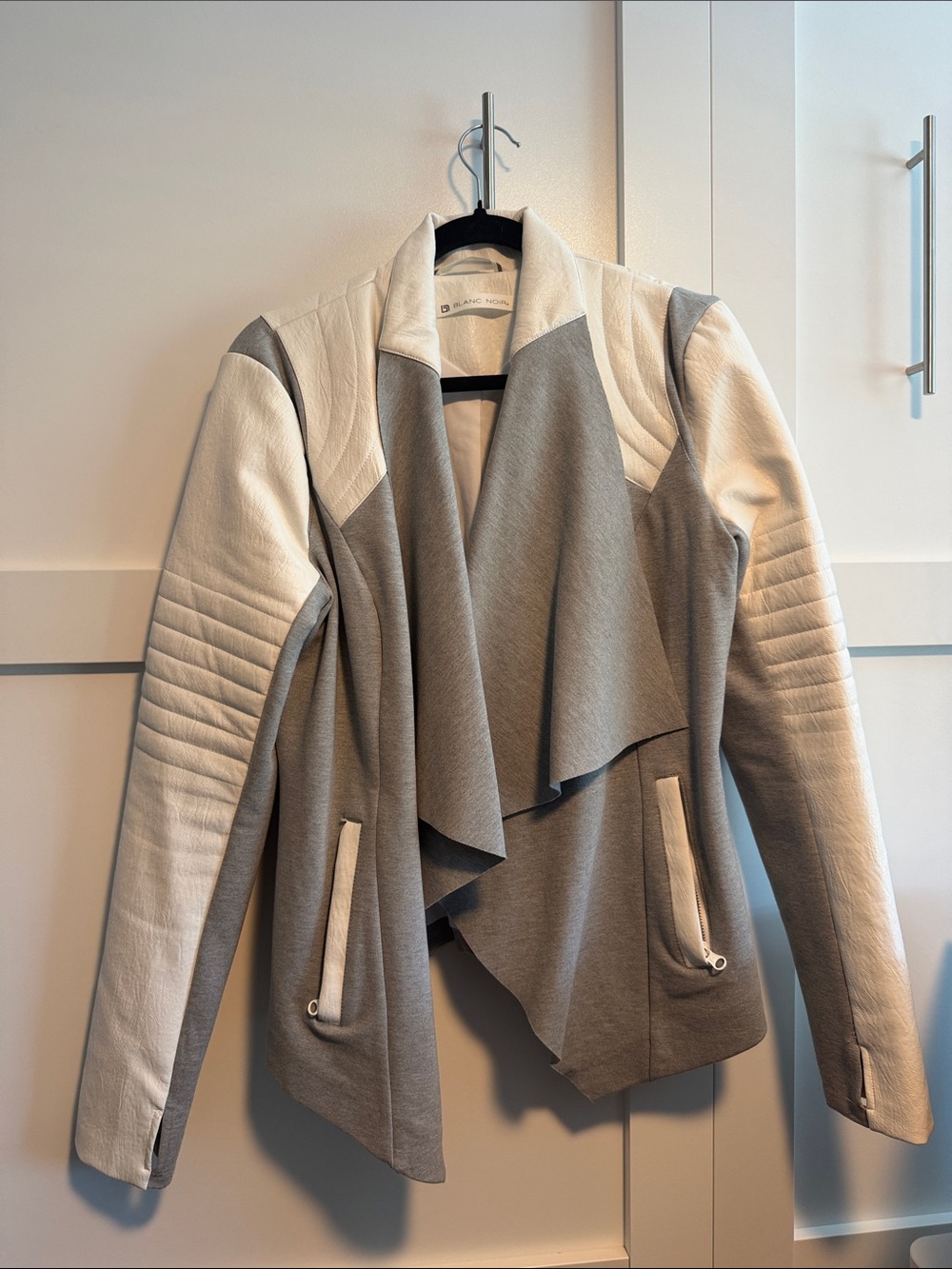 Blank Noir Two-Tone Gray & White Draped Faux Leather Jacket